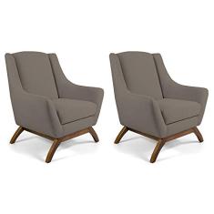 Kit 02 Poltronas Decorativas Sala de Estar Base de Madeira Naomi Veludo Bege - Gran Belo