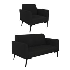 Sofá Namoradeira Com Poltrona Pés Villach Marisa Linho D03 - D\`rossi Cor A79 Preto