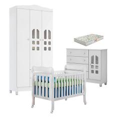 Quarto de Bebê New Selena 3 Portas com Berço Lila e Cômoda Selena Branco Brilho e Colchão Gazin – Carolina Móveis