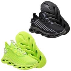 Kit 2 Tênis Esportivo Sola Trançada Masculino Treinos Leve e Confortável Verde e Black-Masculino