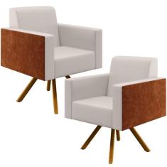Kit 02 Poltronas Decorativa Base Giratória de Madeira Helô Linho Cru M