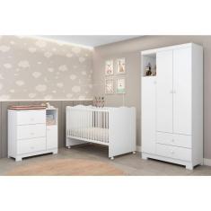 Quarto de Bebê Completo Guarda-Roupa 3 Portas Cômoda 3 Gavetas 1 Porta e Berço Mini Cama Flofy Branco