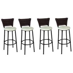 Kit 4 Banquetas Médias Preta com Encosto Junco Argila Assento Branco