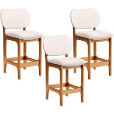 Kit 03 Banquetas Baixa Bar Cozinha E Sala De Jantar Fixa Betta L02 Imbuia Linho Cru