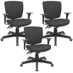 Kit 03 Cadeiras De Escritório Executiva Office Giratória Preto Baixa Flexi P03 Vinil Preto - Lyam