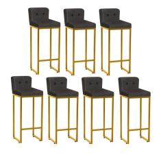 Kit 07 Banqueta Alta Lucca Ferro Dourado Botão Suede Cinza