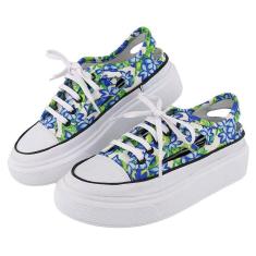 Tenis Casual Feminino Florido Detalhe Vazado Ajuste Cadarço Palmilha Em Gel Macia Confortavel Leve