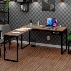 Mesa de Canto em L Escrivaninha com 1 Gaveta Industrial 150x150cm Nogal