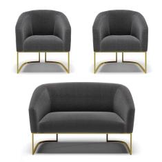 Sofá Namoradeira e 2 Poltronas Base Industrial Dourado Stella Bouclê D03 - D`Rossi