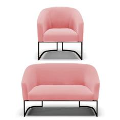 Sofá Namoradeira e Poltrona Base Industrial Preto Stella Suede Rosê D03 - D`Rossi