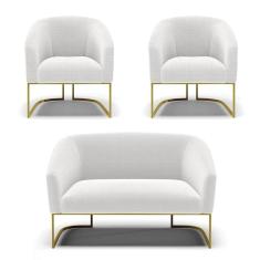 Sofá Namoradeira e 2 Poltronas Base Industrial Dourado Stella Bouclê Off White D03 - D`Rossi