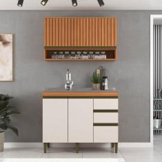 Cozinha Compacta Cecilia 3 Portas 3 Gavetas Ripado Freijó/Off White - Jcarvalho