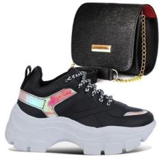 Kit Tênis Feminino Bufalo Plataforma Recortes Metalizados Casual + Bolsa Pequena-Feminino