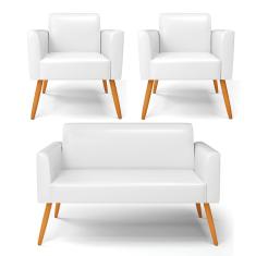 Sofá Namoradeira com 2 Poltronas Pés Palito Castanho Marisa Corano Branco D03 - D'Rossi