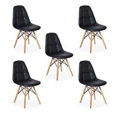 Conjunto 5 Cadeiras Dkr Charles Eames Wood Estofada Botonê - Preta