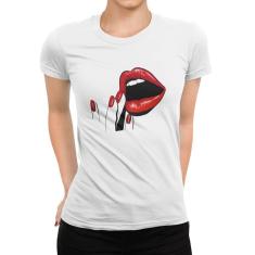 Camiseta ECF Feminina Boca Sensual Manga Curta Branca Poliester