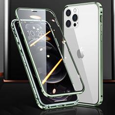 Capa de telefone magnética de vidro dupla face com estrutura de metal para iPhone 15 14 13 12 Pro Max X XS 8 7 14 Plus 13 12Mini Capa de lente de câmera, verde, para iPhone 12 Mini
