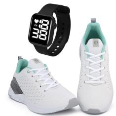 Kit Tênis Esportivo It Shoes Feminino + Relógio Digital, Branco, Azul,