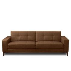 Sofá Decorativo Bruno 3 Lugares Sala De Estar 210cm Pés Em Madeira Couro Marrom Claro Manchado
