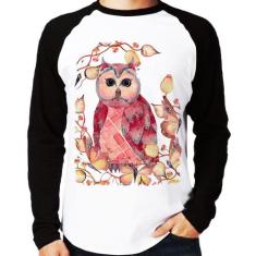 Camiseta Raglan Coruja e Folhas Manga Longa - Foca na Moda, Branco, Pr