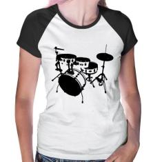 Baby Look Raglan Bateria Música Baterista - Foca na Moda, Branco, Pret