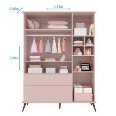 Guarda Roupa Infantil Retrô Alice 3 Portas E 2 Gavetas Rosê - Pr Baby Rosê