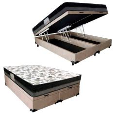 Cama Box Baú Casal Suede Bipartido + Colchão Ortobom Iso Dupla Face 138x188x60 Bege