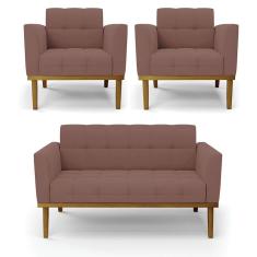 Sofá Namoradeira E 2 Poltronas Base Madeira Castanho Elisa Veludo Rosê D03 - D\'rossi