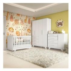 Quarto de Bebê Completo com 1 Guarda Roupa 1 Cômoda 1 Berço 100% MDF Kakau Espresso Móveis Branco
