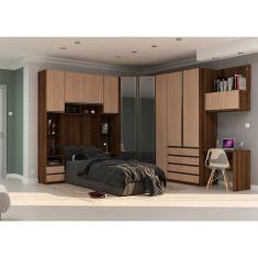 Guarda Roupa Solteiro de Canto Vidro Reflecta com Escrivaninha Nogueira Cumaru Prime Luciane Móveis