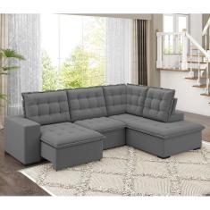 Sofá de Canto Retrátil Reclinável 8 Lugares Veludo Belluno Arte Cúbica Estofados Cinza