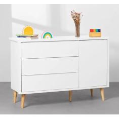 Cômoda Retrô Theo com Porta e Pés em Madeira Natural - Branco Fosco