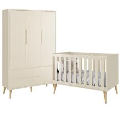 Jogo de Quarto Infantil Theo Guarda Roupa 3 Portas e Berço com Pés Madeira Natural - Reller Móveis Areia Fosco