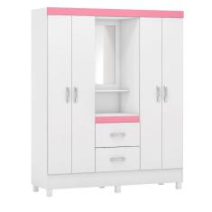 Guarda Roupa Infantil Solteiro Lord Capelinha 4 Portas 2 Gavetas MDP Branco e Rosa Demóbile