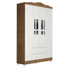 Guarda Roupa Infantil Ariel 4 Portas 2 Gavetas MDF-MDP Branco Acetinado Amadeirado Carolina Móveis