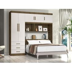 Kit Guarda Roupa de Casal Marrom Off White Espaçoso com Cabeceira Baú 5 Portas 3 Gavetas e Prateleira Linha Luxo