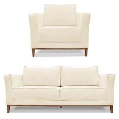 Kit Poltrona e Sofá Living 2 Lugares 1,90m Vega Linho Pés Castanho - P