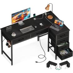 Coleshome Mesa de 106 cm em forma de L com gavetas, mesa de computador com tomadas, mesa de escritório em casa com 6 gavetas, mesa de canto reversível para espaços pequenos, mesa de trabalho de estudo