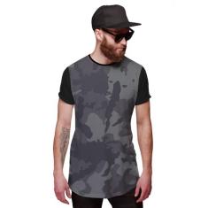 Camiseta Longline Cinza Camuflada Thug Life Exército, GG, Preto