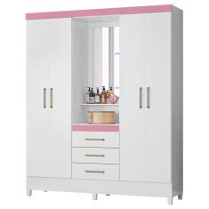 Guarda Roupa Capelinha Flex 4 Portas 3 Gavetas Persia D02 Branco-rosa-branco - Mpozenato