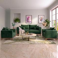 Kit Sofá 3 Lugares e 2 Poltronas Beny Recepção Sala Estar Suede Verde 