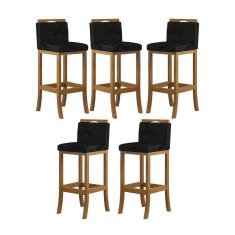 Kit 5 Banquetas Média Encosto Estofado 38x92Cm Ilha Turim Madeira Maciça Amêndoa Suede Preto CCS