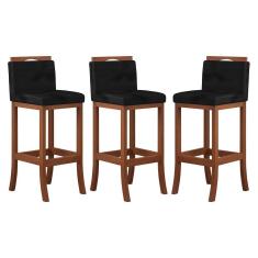Kit 3 Banquetas Média Encosto Estofado 38x92 Cm Turim Madeira Maciça Castanho Suede Preto CCS