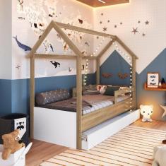 Cama Infantil Montessoriana com Cama Auxiliar 2 Colchões Aveiro Oak/Branco