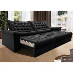Sofá Retrátil E Reclinável 2,75m Molas Ensacadas Cama Inbox Big Space Com Bordado 3d Velusoft Preto