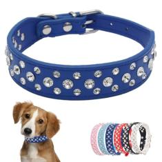 Coleira de cachorro azul PPP, coleira de gato com strass de couro sintético com glitter de cristal bonito joia feminina para filhotes de cachorro PPP PP pequeno médio grande animal de estimação
