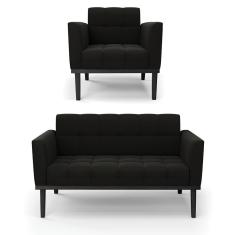 Sofá Namoradeira E Poltrona Base De Madeira Preto Elisa Suede D03 - D'rossi Cor Preto