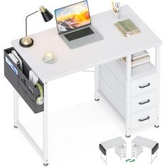 AODK Mesa pequena de 81 cm com gavetas de tecido, escrivaninha de estudo para quarto, escritório em casa com prateleira de armazenamento e bolsa para espaços pequenos, branca