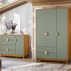 Kit Guarda Roupa Casal e Comoda Ipê 3 Portas 6 Gavetas MDF Cinamomo Fosco Salvia Fosco Albatroz Moveis