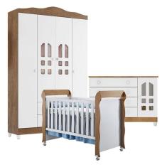 Quarto de Bebê New Selena 4 Portas com Cômoda Gran Selena e Berço Mirelle Branco Acetinado Amadeirado – Carolina Móveis
